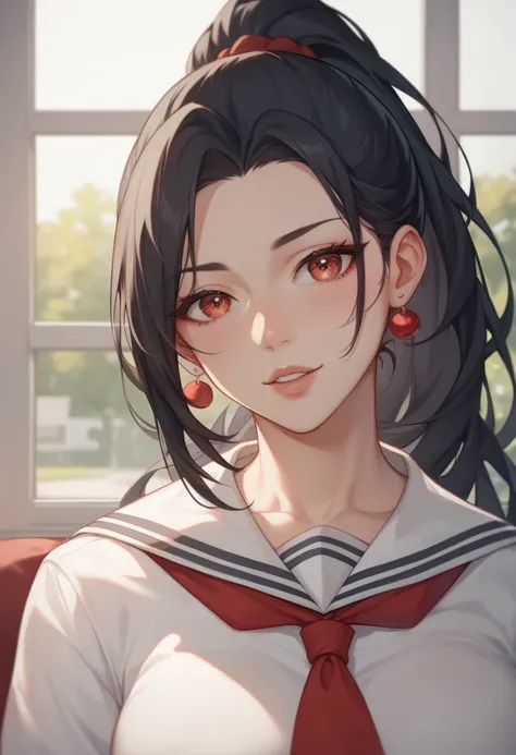 Draw anime-like pictures 、 best quality、10,000 beautiful hairs、Beautiful eyes、 carefully write down all the details of the black hair ponytail、 black hair、 ponytail、Kind eyes、 high school uniform 、 with red tie 、Side-facing 、 boobs that look like theyre do...