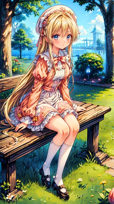 anime*** in maid costume sitting on the grass with long blonde hair and peach colored dress , anime barbie statue , change in dr...