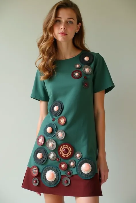 A 60s mini shift dress. There are badges on the bottom half of the dress. There are only a few badges  at the top half of the dress. The colour of the badges are silver, burgundy, dark sage green and flesh tone pink and the colours are even.
