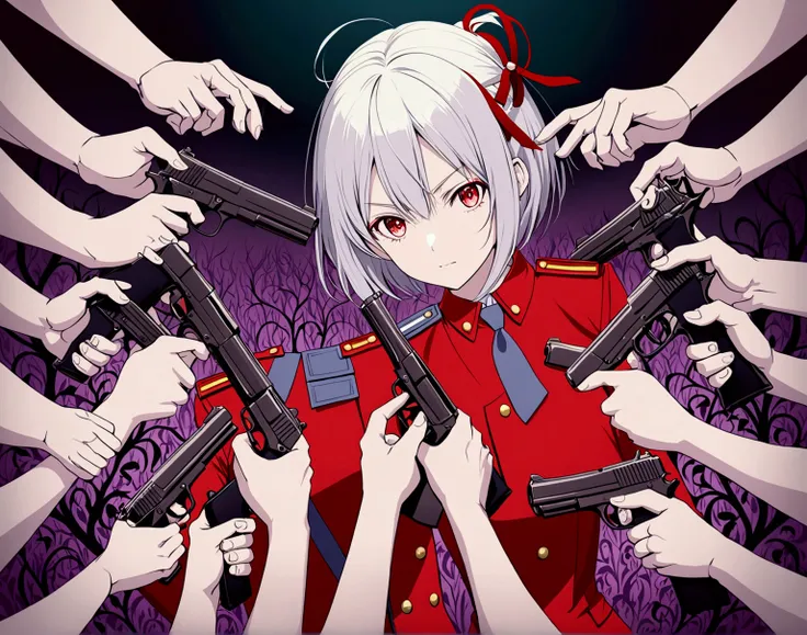  A young woman with short white hair , adorned with a red ribbon ,  found in the center of a dark and tense environment .  His expression is serious and determined ,  with red eyes that stand out in contrast to her red uniform,  that has an elegant design ...