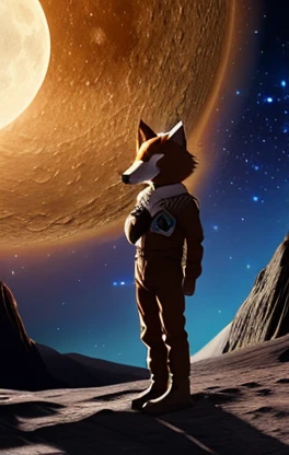 Fox,  reddish brown fur , feet, Tail, white sclera ,  dark eyes, Black Nose,  source_Anime, up body, Earth, base, Lunar Surface,  standing, Earth, appear， universe, universe船, Shine,  open your mouth, smile,  photoshop  ( medium ),,  score_9,  score_8_up,