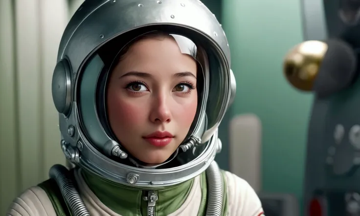 a cute female mouse astronaut, detailed facial features, delicate eyes, button nose, full lips, long eyelashes, space suit with form-fitting curves, bubble helmet, sexy and alluring expression, several mouse astronaut girls mining the moon for green moon c...