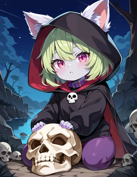 score_9, score_8_up, score_7_up, hkhorror,
skull,
VexLoLXL, yordle, shortstack, pink eyes, green hair, bangs, short hair, grey skin, colored skin, black hood, hood up, ears through headwear, white animal ears, black shirt, purple collar, golden ornament, l...