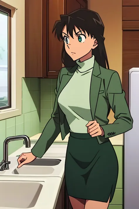 {{{mouri ran}}},{{{detective conan}}},{{{long hair}}},{{{official style}}},{{{adult}}},green dress,one-piece dress,turtleneck,gr...