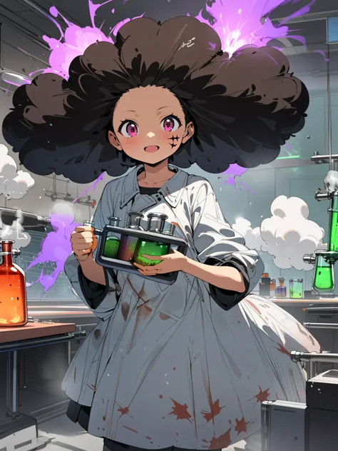 1 gril, 10 yrs old, large afro hair, eyes with bats marks, smoke coming from body after explosion, science lab, failed experiment, flasks, blackboard, beakers,masterpiece, best quality, very aesthetic, absurdres