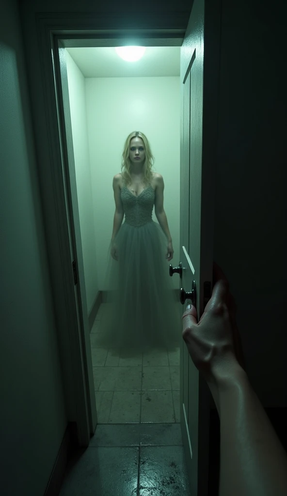 Ultra-realistic first-person view with only one hand opening a conventional restroom door. Inside, a blonde woman with a soot-stained dress, appearing as a human spirit with a malevolent, ghostly atmosphere.