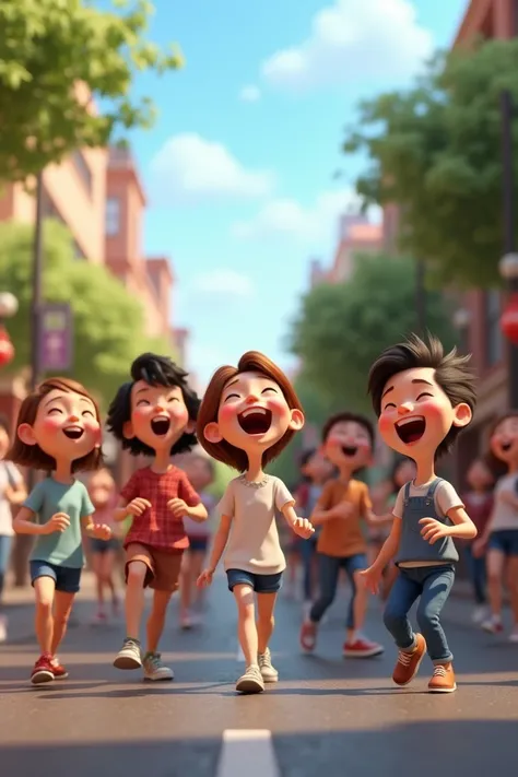 Laughing people in road 3d cartoon type realistic ai image 