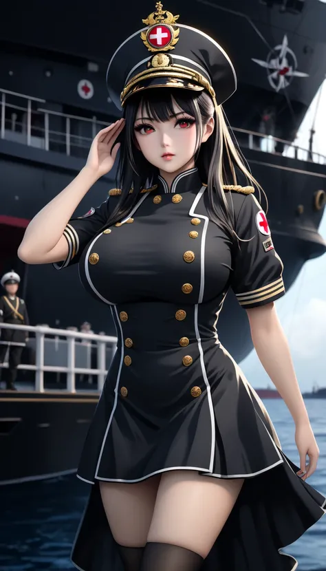  Masterpiece,Best Quality, cinematic lens effect, highly dramatic picture, ultra detailed, depth of field, medium full length, 8k, ((Busty Bitches)), ((Japanese imperial Navy)), Ecchi girl in nurse costume, firm expression, saluting , black and gold clothe...