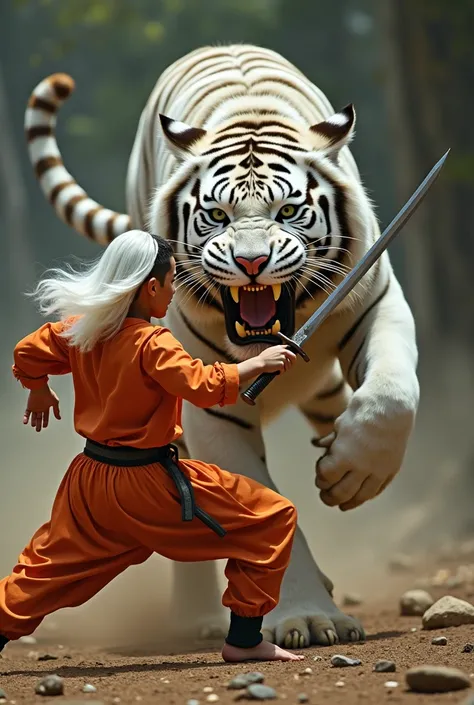 The image depicts a dramatic confrontation between a fierce white tiger and Footballer Cristiano Ronaldo. The tiger, with its sharp teeth bared and powerful stance, looks ferocious and ready to attack. Footballer Cristiano Ronaldo, a young man with flowing...