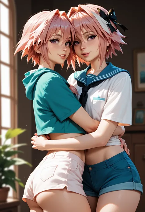 2 boys, astolfo and venti, curvy, femboy, tomgirl, hug