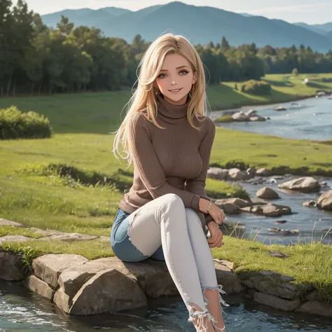 ((Wearing a turtleneck sweater)) and ((very distressed jeans)), ((Professional Photo Shoot)), ((in the country next to a river)), ((Sitting on the grass with legs crossed)), smiling, model shoot style, extremely intricate, High Detail, Sharp focus, dramati...