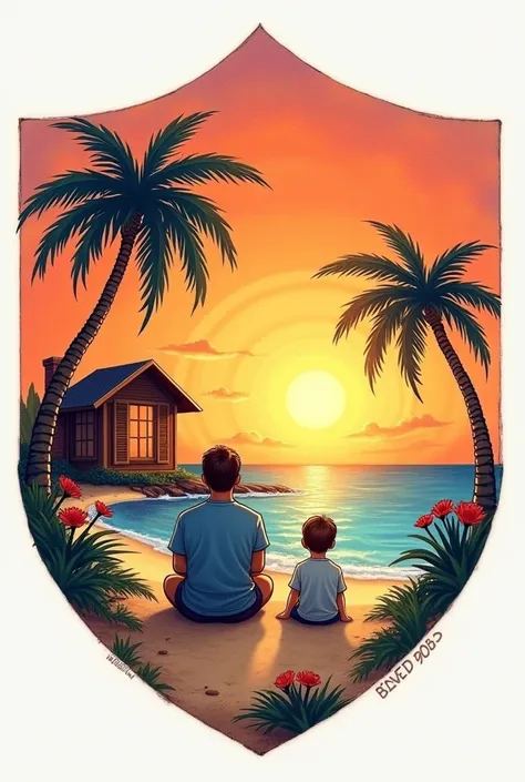 a family SHIELD that contains elements within the shield such as a beach HOUSE with palm trees and flowers and dad, mom, little son are sitting on the sand watching the sunset drawn with a sunset landscape that symbolizes the family SIMPLE DRAWINGS TO DRAW...