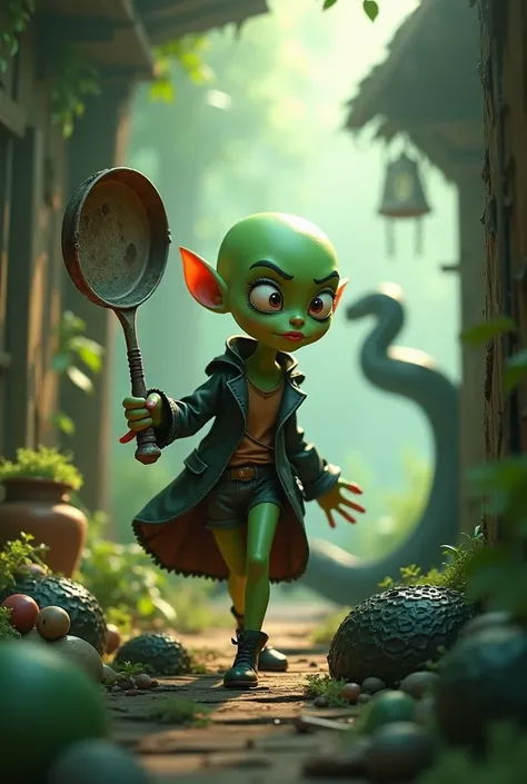 Bald green witch girl inside her dirty wood house with frypan, a black snake behind her 3d animated cartoon