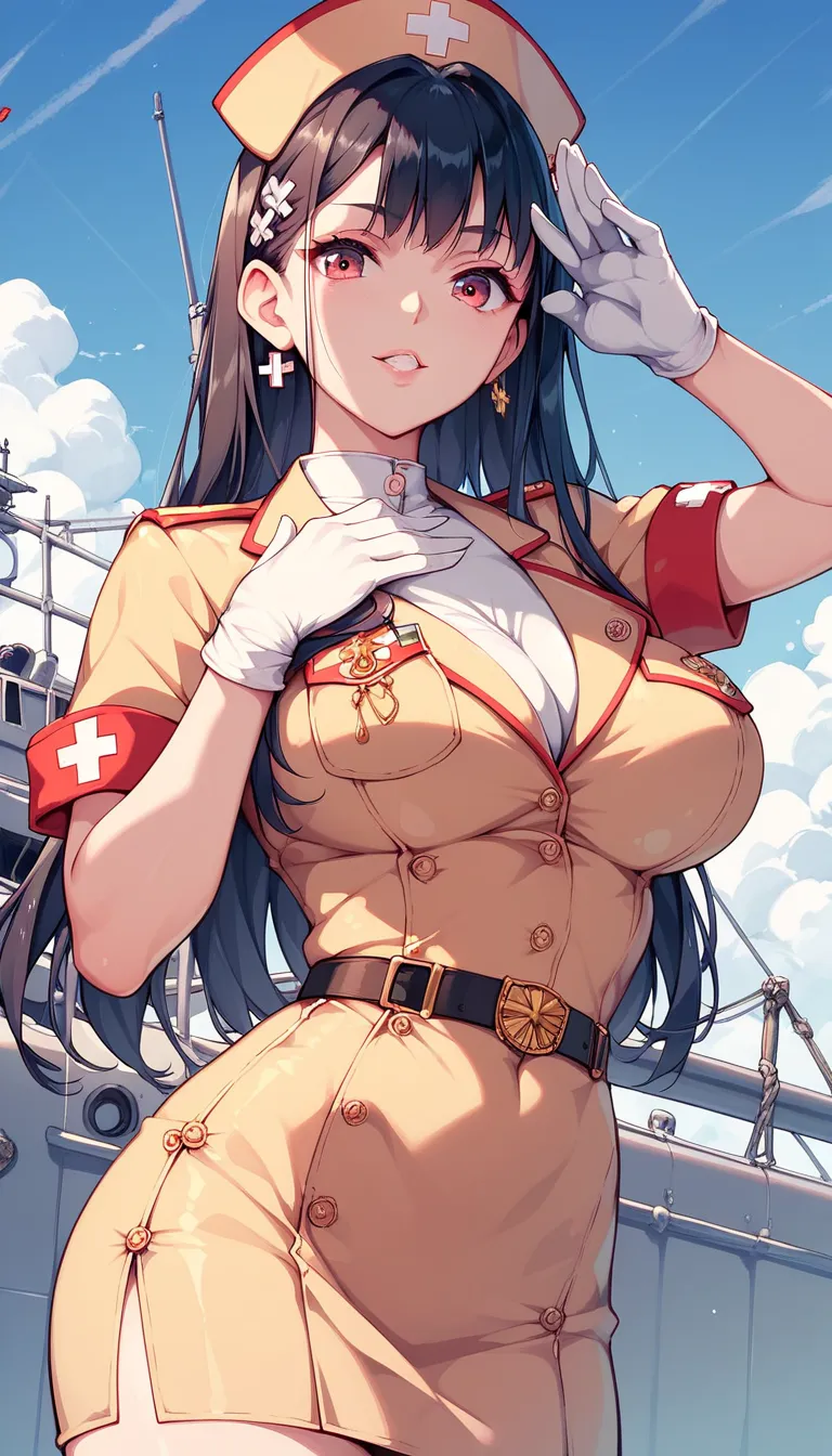 ((busty bitches)), ((japanese imperial navy)), ecchi girl in nurse costume, firm expression, saluting , black and gold clothes, ...