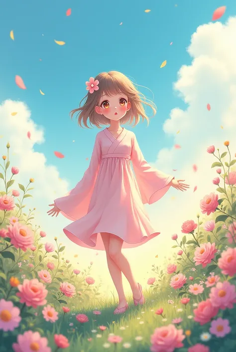 Anime girl in pastel colors  ,  in spring surrounded by flowers 