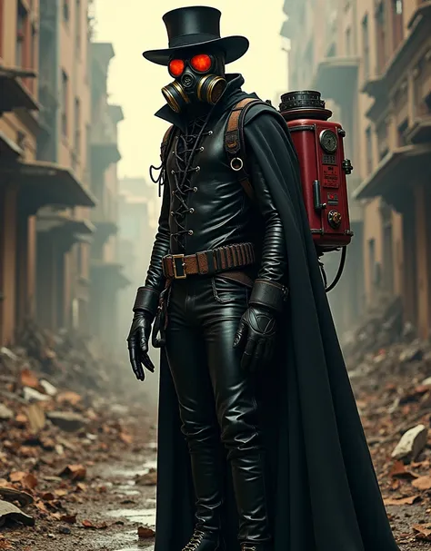 Mad Gasser. Mad Gasser of Mattoon, Wearing a gas mask with tinted goggles, Black hat, black cape, tight black leather suit, Compact backpack sprayer, Whole body all black. Leaning forward. Doomsday City, dystopian, Steampunk Survivor, desolation and chaos....