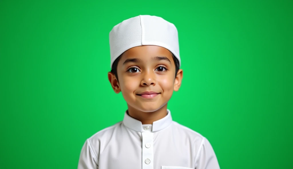 A  cartoon Muslim boy wearing white Punjabi pajama and white tupi (front view)(passport photo)(green screen )(no lips)