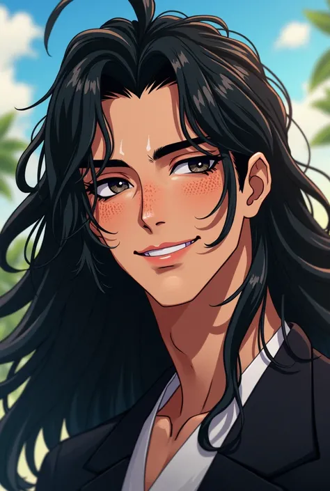 Masterpiece, best quality, {best quality}, {{masterpiece}}, {highres}, focus, anime style, a closeup of a cartoon of a man, man design, mara, portrait, giesha, anime image, long hair, black hair, heterochrome eyes, happy, polished and powerful look, exotic...