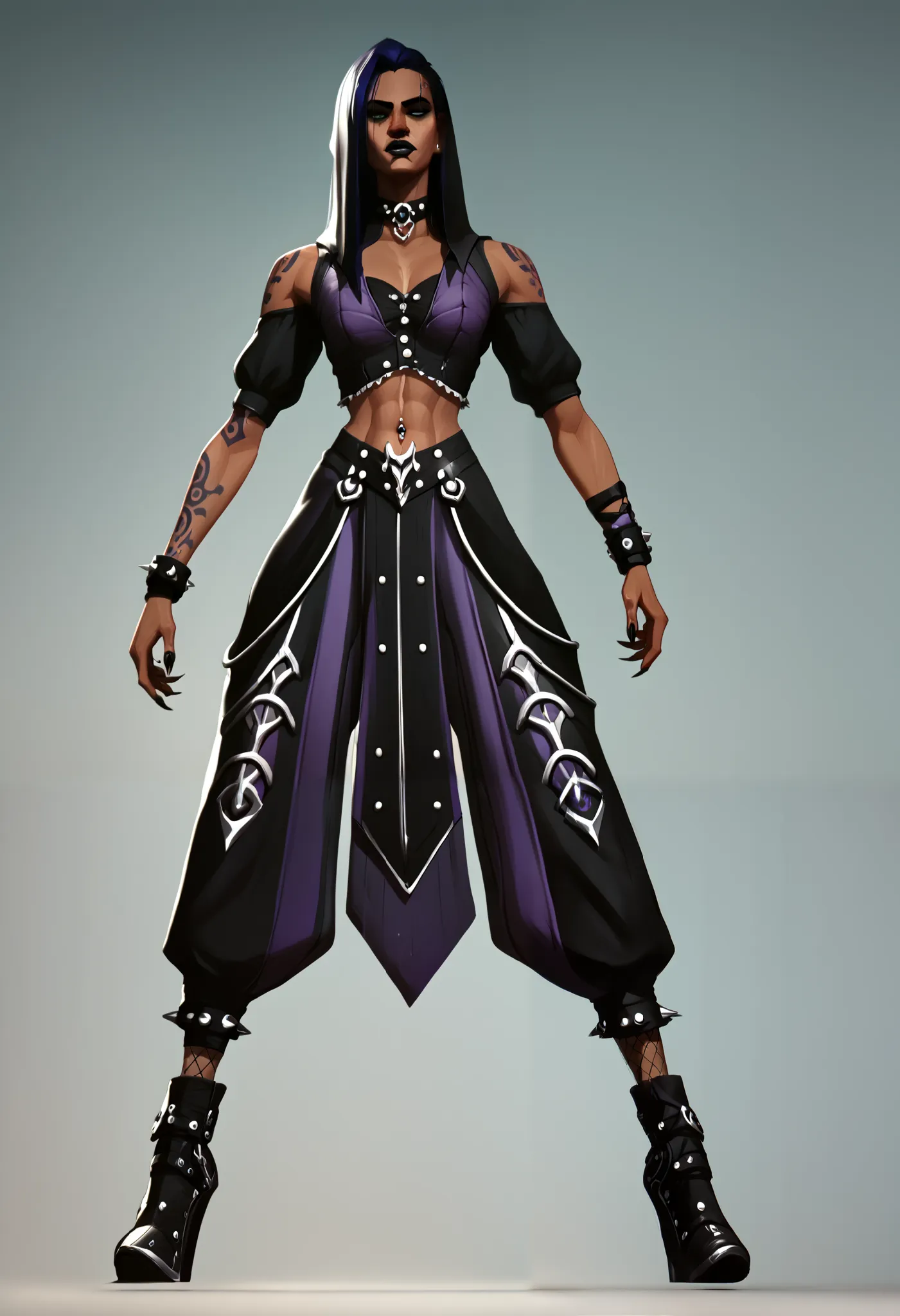 a character outfit from the series arcane gothic outfit , detailed, black clothes, dark skin, metallic, bioluminescent purple ta...