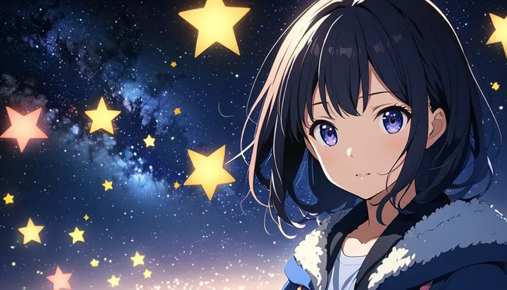 Night Sky,star, girl,anime, real, High Quality 