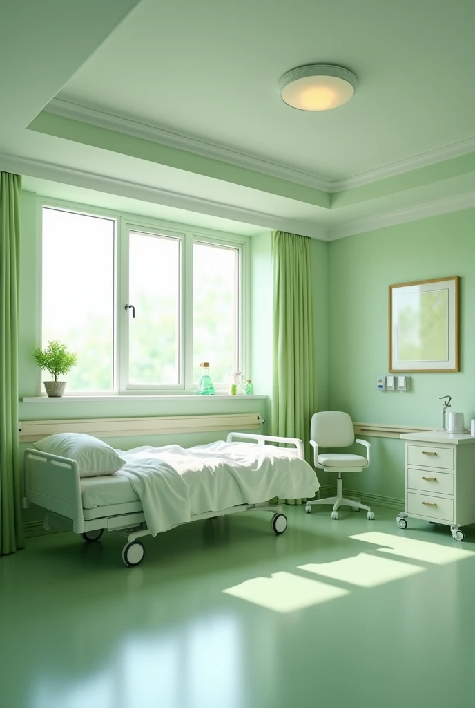 interior design of TYPICAL STANDARD ROOM of a hospital with light green mood design