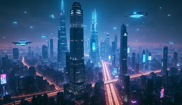 /imagine prompt: Futuristic megacity skyline at night, towering neo-brutalist skyscrapers piercing through neon-lit fog, cybernetic, advanced, dystopian, surrounded by floating advertisements and streams of hover-traffic, creating an overwhelming sense of ...