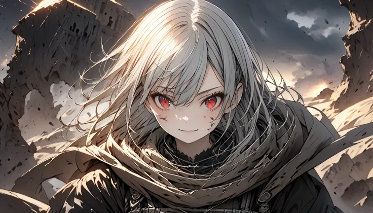 A silver-haired female character in military uniform stands with a look of determination despite visible fatigue and scars on her face, in a war-torn landscape after a battle. She clenches her fists and hides inner strength behind a frail smile. The backgr...