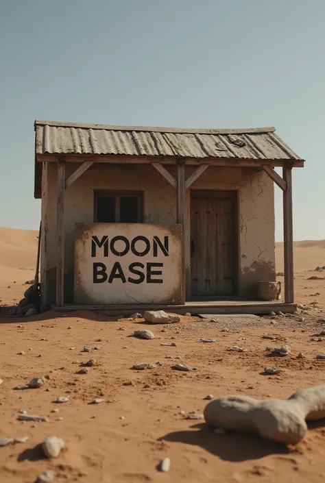 a desolate desert landscape, an isolated ramshackle hut in the middle of the desert, a rough signboard in front of the hut with the words "Moon Base" written on it, detailed dystopian post-apocalyptic scene, dramatic lighting, cinematic camera angle, hyper...