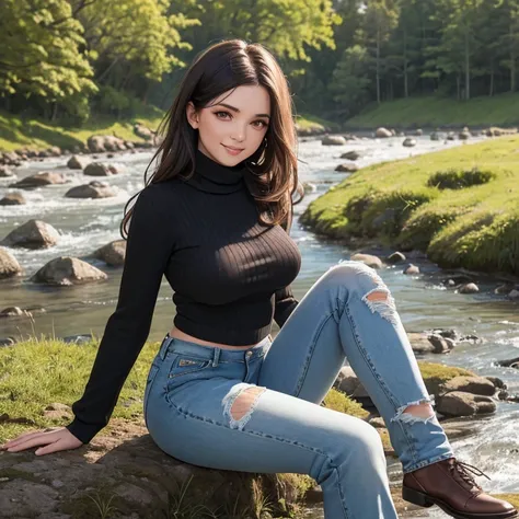 ((Wearing a turtleneck sweater)) and ((very distressed jeans)), ((Professional Photo Shoot)), ((in the country next to a river)), ((Sitting on the grass with legs crossed)), smiling, model shoot style, extremely intricate, High Detail, Sharp focus, dramati...