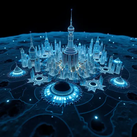 A realistic and beautiful digital holograph of a lunar city blueprint, showcasing intricate architectural designs, illuminated with soft blue lights, set against a dark space background, emphasizing futuristic technology and innovation.