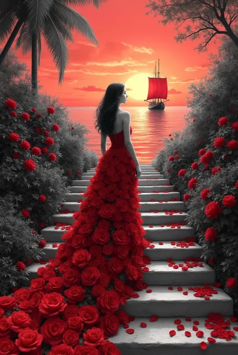 black-and-white pencil, black and white tone, beautiful girl, in a lush dress of red flowers, with a long train of flowers ascends the stairs, petals, sunset, sea, ship with scarlet sail, hyper-detailing, vivid colors