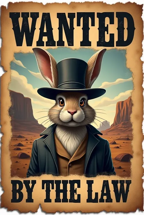 Draw a Wanted by the Law poster in the Wild West style with a portrait of a rabbit wearing a top hat