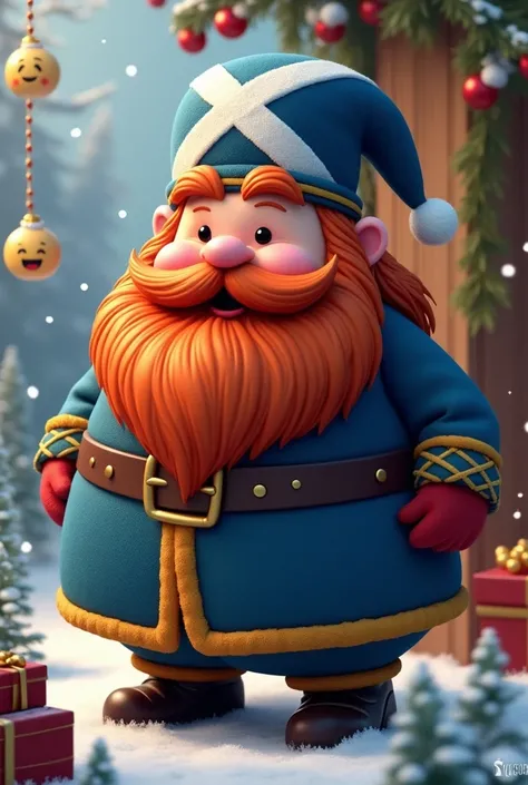 fat faced, red bearded scottish santa claus, blue uniform, blue scottish flag hat, emoji