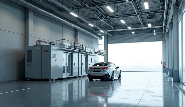 Oblique angle 40 degree view, blank indoor spacious space in front of a high-tech car wash with gray wall in the background