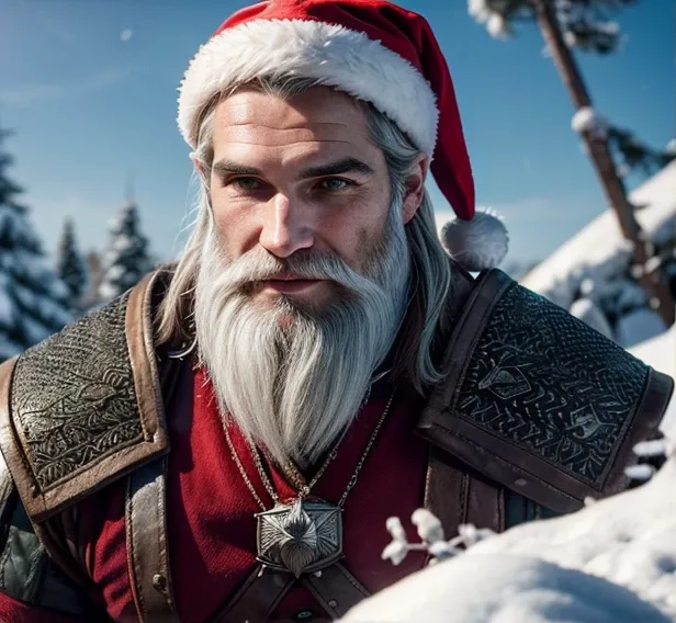 The Witcher Henry Cavell with a white beard like Santa, red hat with pompom, bright smile 