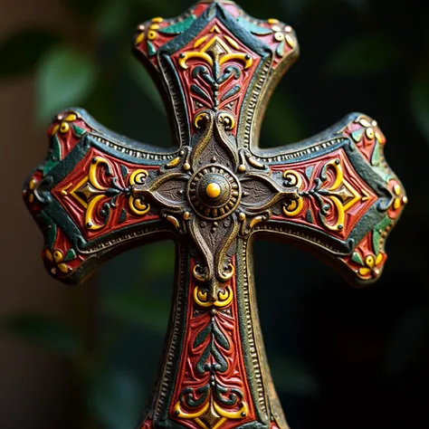 Cross with intricate African decorations, vibrant patterns, close-up photograph, natural lighting, high detail, cultural significance, rich textures, masterpiece, 8k resolution, by Jimmy Nelson and Malick Sidibé