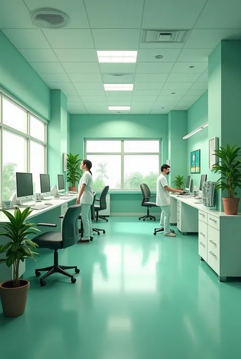 interior design of NURSE STATION of a hospital with light green mood design