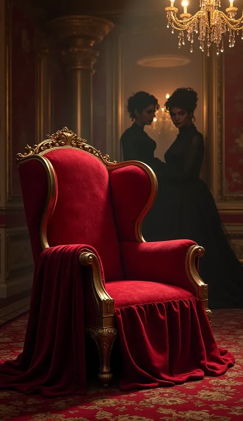 The love chair positioned in the center of an opulent chamber, draped in crimson velvet, with faint silhouettes of Edward VII and two women suggestively interacting in the background, their faces lit with playful smirks