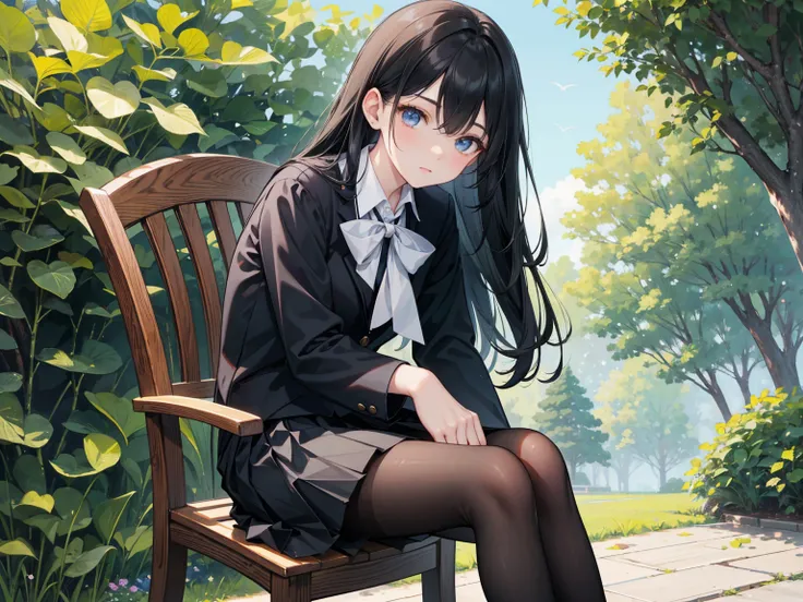  Long straight black hair , School Uniform,   blue eyes，Black leather shoes， black pleated skirt ,  Black Pantyhose , Black leather shoes,  sitting in a chair ，healthy skin, Outdoor scenery, Green leaves and blue sky, Bright natural light   ,   The sun shi...