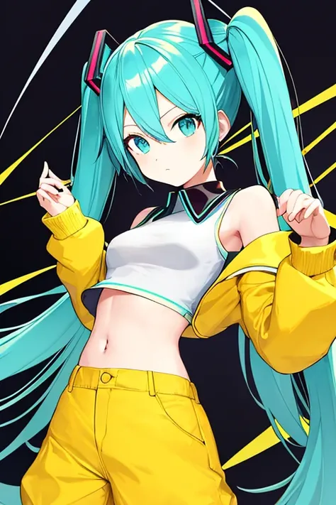 (flat color, retro, low contrast)Hatsune miku wearing a white croptop wearing a short yellow jacket and yellow baggy pants with black stripes