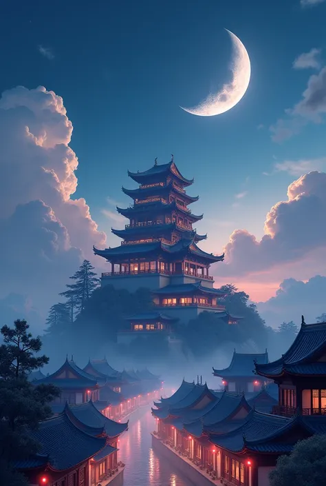 ancient chinese high castle, middle of the capital city, background is crescent moon and clouds, night time