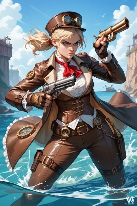 steampunk,dark,girl,gun,vs monster,serious,fighting,water,another one person