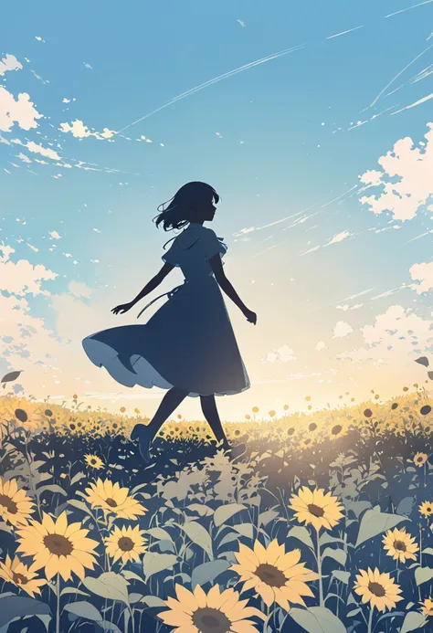 silhouette, black silhouette of a woman walking, around, in the middle of sunflower meadow. with blue sky, white cloud, digital art, book illustration, HD, Illustration, soft color, pastel color