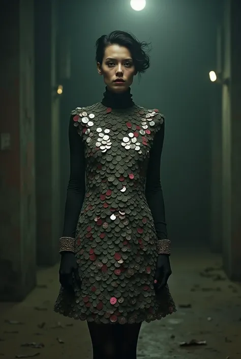 Editorial fashion shoot in the style of tim walker with a dark and eerie vibe. A-line 60s mini shift dress made out of badges. The badges are layered like fish scales. The colour of the badges are silver, burgundy, dark sage green and flesh tone pink and t...