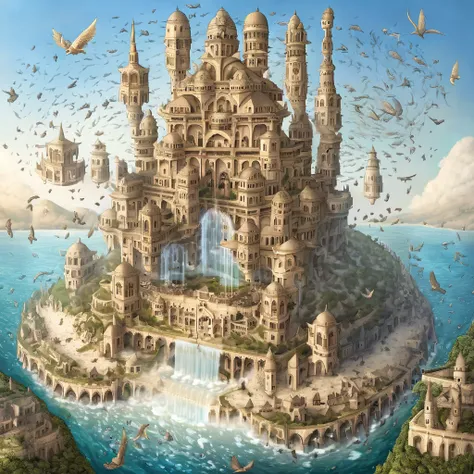 A massive castle-like structure levitating above a sparkling ocean, with waterfalls cascading from its edges and flocks of strange winged creatures circling it.