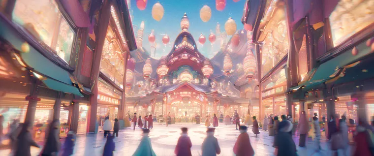 A large circular plaza surrounded by various shops during the Christmas festival, the atmosphere is festive,, landscape, party, anime style, perspective, Ghibli-like colours, anime style, chromatic aberration, depth of field, three sided view, from behind,...