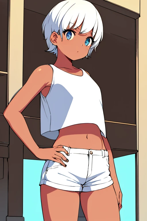 (flat color, retro, low contrast)A tan girl with short white hair wearing a black croptop and wearing white shorts