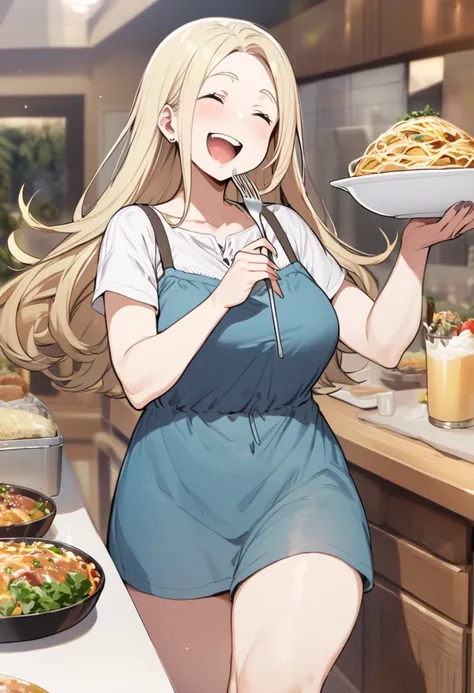 fat girl with long blonde hair and casual wear、She eating huge serving of spaghetti, happy face, holding fork,