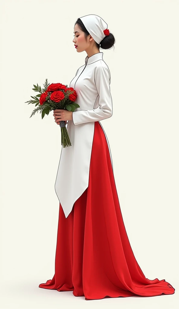 Create an unique white and red Kabaya, an Indonesian womens dress, fusing the classic elegance with the modern boldness. It can be eternal, and it also stands out in the form of a sketch. Holding a bouquet. Simple yet elegant modern Indonesian womens dress...