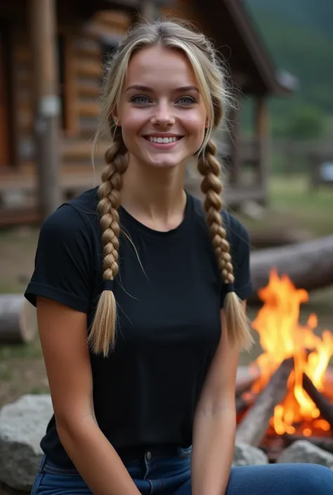 Camera and Settings
frontal view, medium shot, sharp focus on upper body and T-shirt, shallow depth of field, high resolution, natural color grading, balanced composition, warm tones

Person
female model, 25 years old, blonde hair, very long braids, braids...